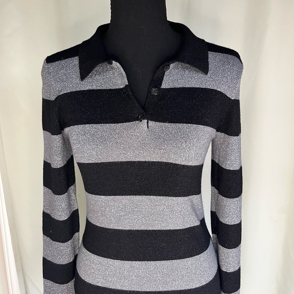Ralph Ralph Lauren Striped Black and Gray Long Sleeve Collared Sweater